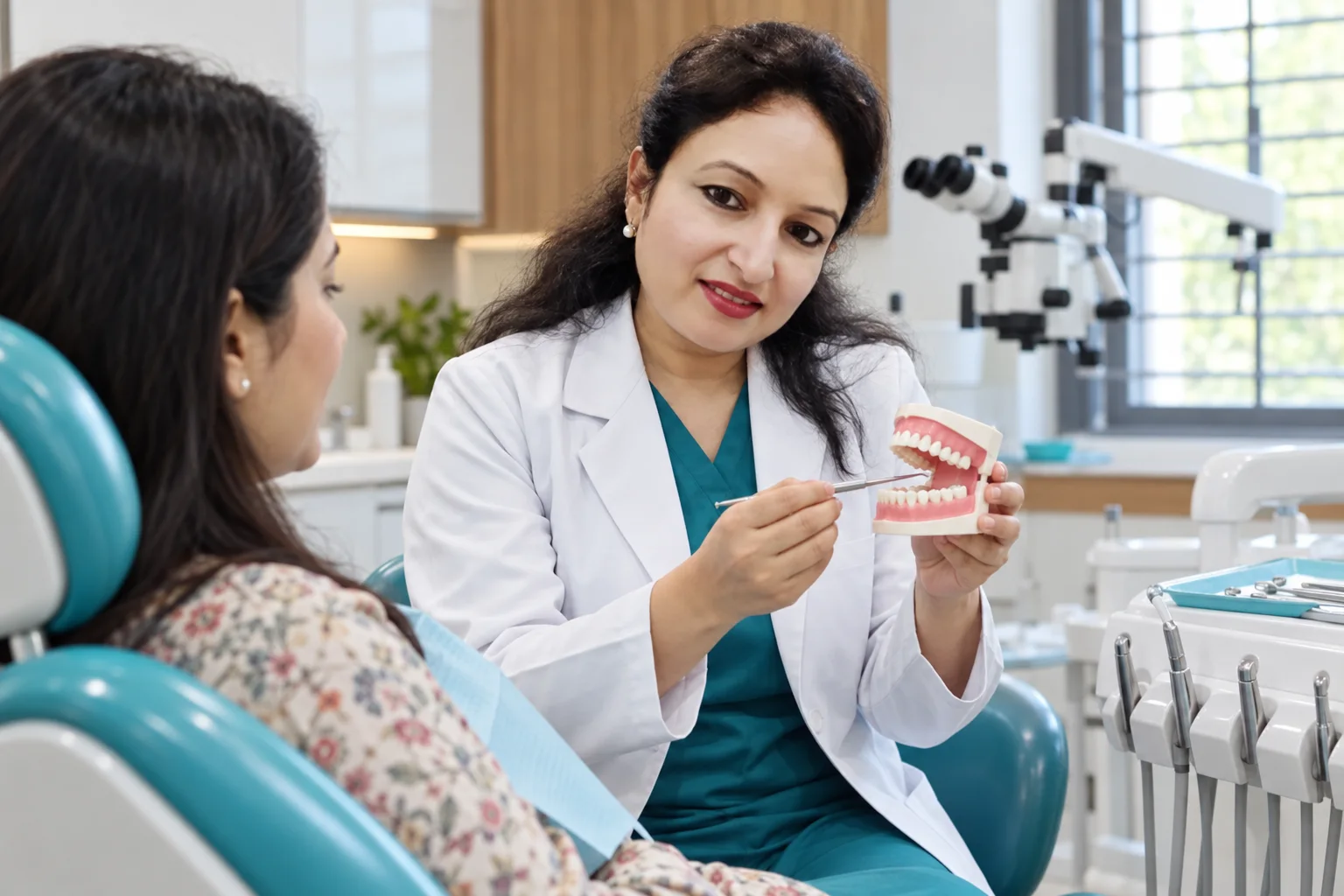 Dr Rajni Vardan Singh explaining a dental model to a patient