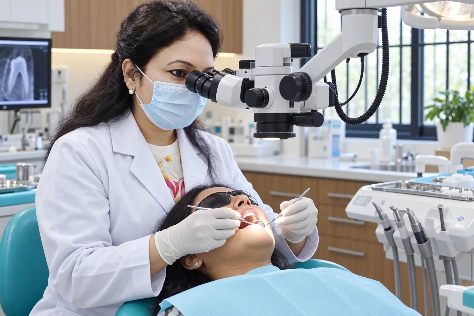 Dr Rajni using magnification during precise dental treatment